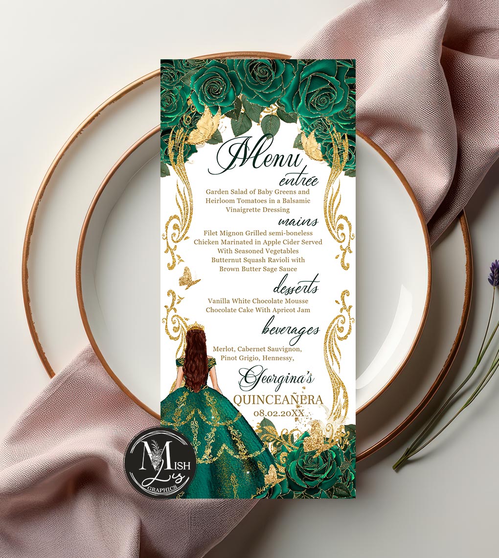 emerald-green-quinceanera-menu-card
