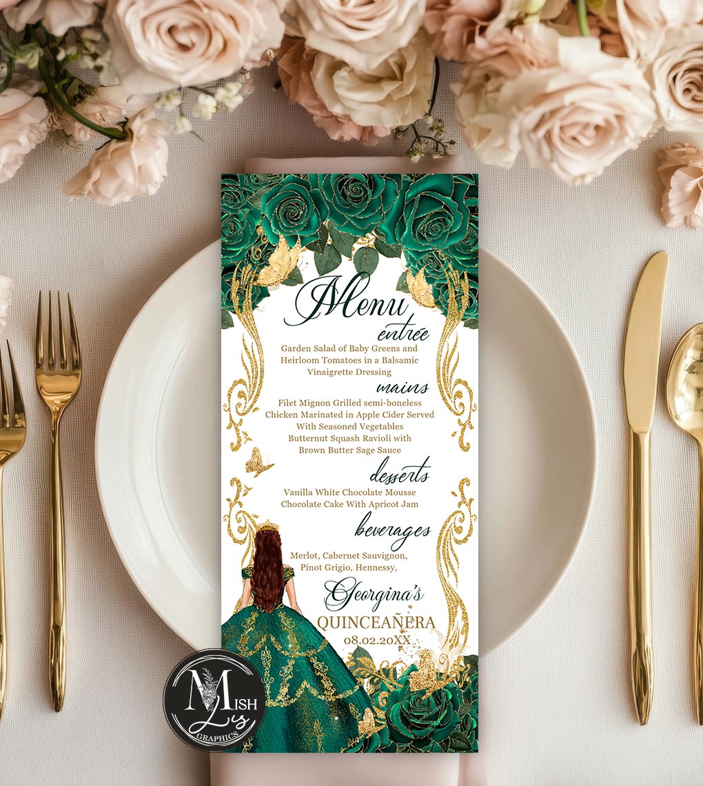 emerald-green-quinceanera-menu-card